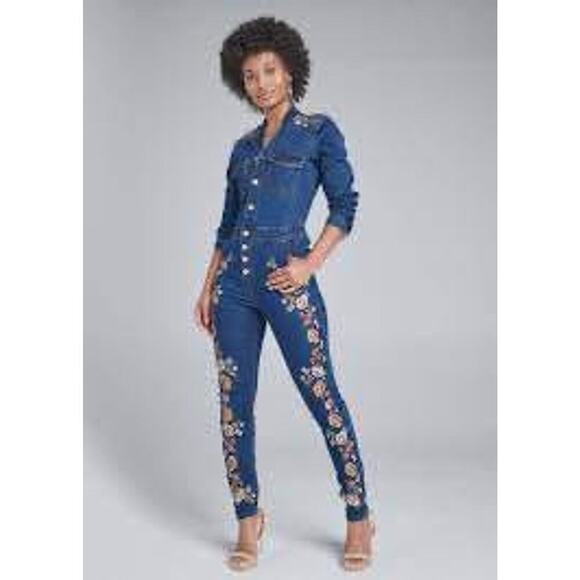 Venus Women’s Size 6 Medium Embroidered Floral Denim Skinny Pant Jumpsuit - Picture 2 of 4